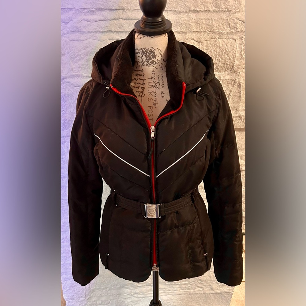 Blanc Noir Black&Red Tech Sport Down Feather Coat, Removable Hood, Optional Belt